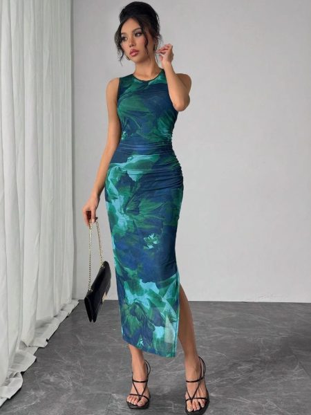 New Women's Sleeveless Printed Mesh Tight Dress