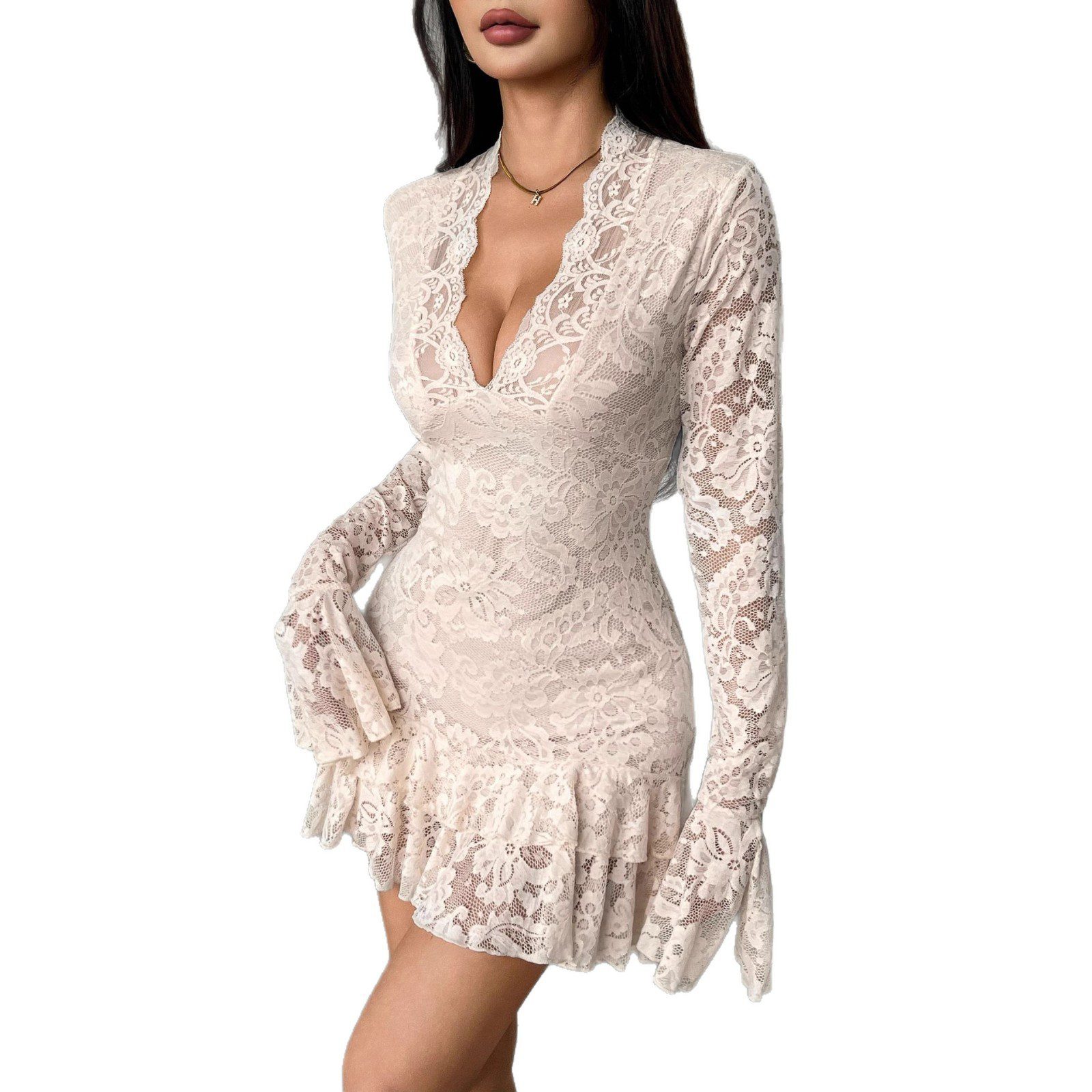 New Lace V-neck Double-layer Ruffled Slim-fit Mermaid Dress