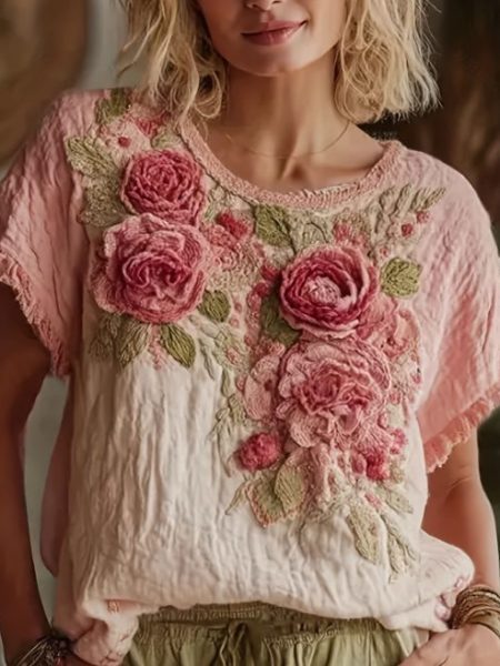 Women's Bohemian Style Floral Embroidered Round Neck T-shirt