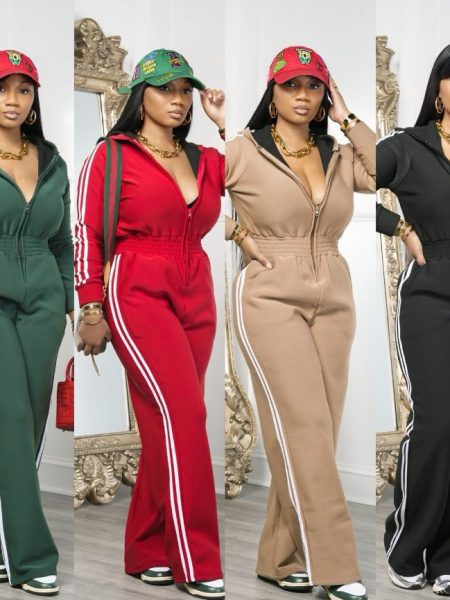 Fashionable And Sporty Color-blocking Long-sleeved Half-opening Hooded Jumpsuit