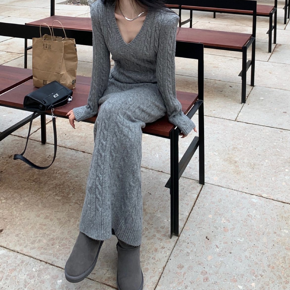 Retro Twist Knitted Dress Women's Fashion Slimming Inner