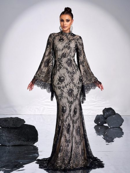 Long Sleeve Round Neck Sexy Lace Banquet Dress