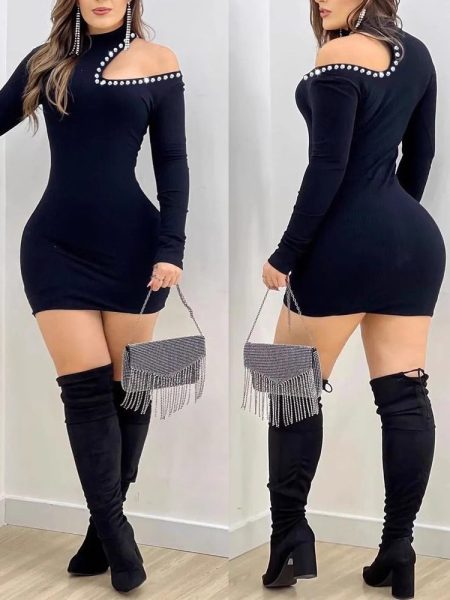 Hollow-out Hotfix Midi Dress For Women