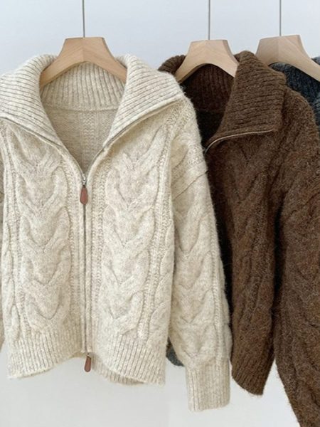 Korean-style Double Zipper Cable Knit Sweater Coat For Women