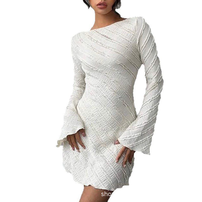 White Knitted Fabric Boat Neck A-line Back Tie Dress