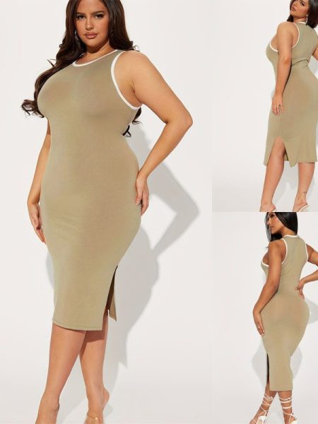Fashion Plus Size Sleeveless Round Neck Side Slit Dress
