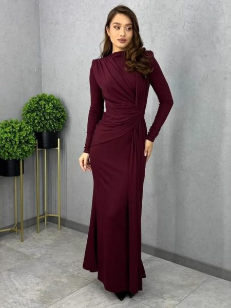 Long Sleeve Fitted Waist Pleated Slim-fit Long Dress