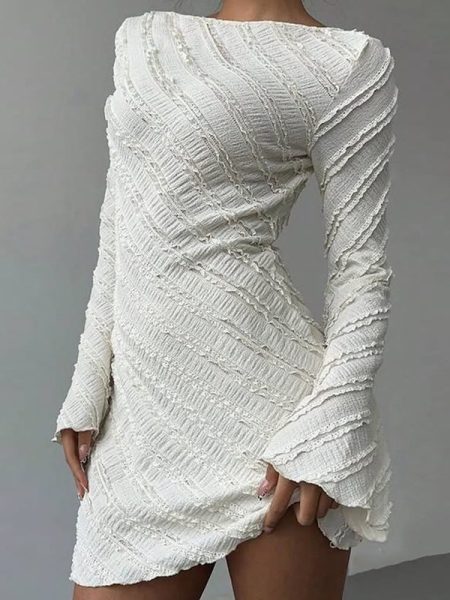 White Knitted Fabric Boat Neck A-line Back Tie Dress
