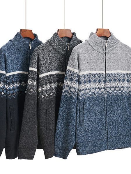 Velvet Thickening Sweater Men's Stand Collar Assorted Colors Retro Jacquard Knitted Cardigan