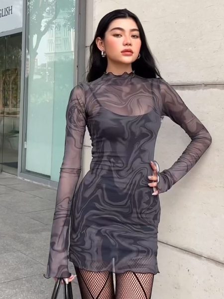 Mesh Halter Print Bodycon Dress Two-piece Set