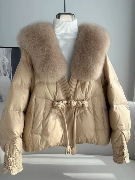Polyester Women's Loose Thick Cotton Coat With Fur Collar