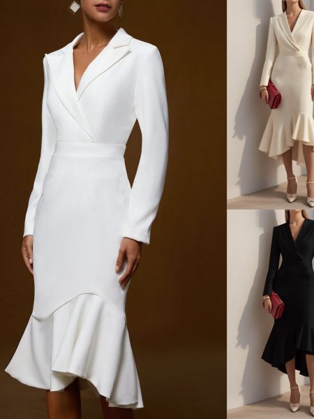 Solid Color Fashion Suit Collar Stitching Elegant Slim Fishtail Dress For Women