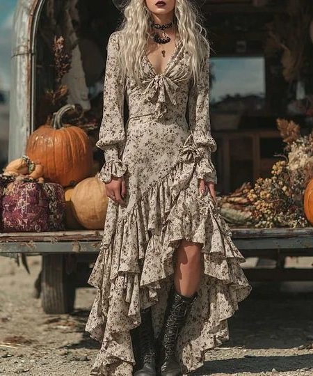 Lotus Leaf Irregular Temperament Waist-retro Floral Dress