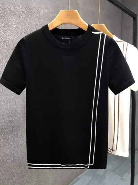 Striped Knitted Ice Silk Short Sleeve Men's Youth Slim Fit Summer High-end Retro T-shirt