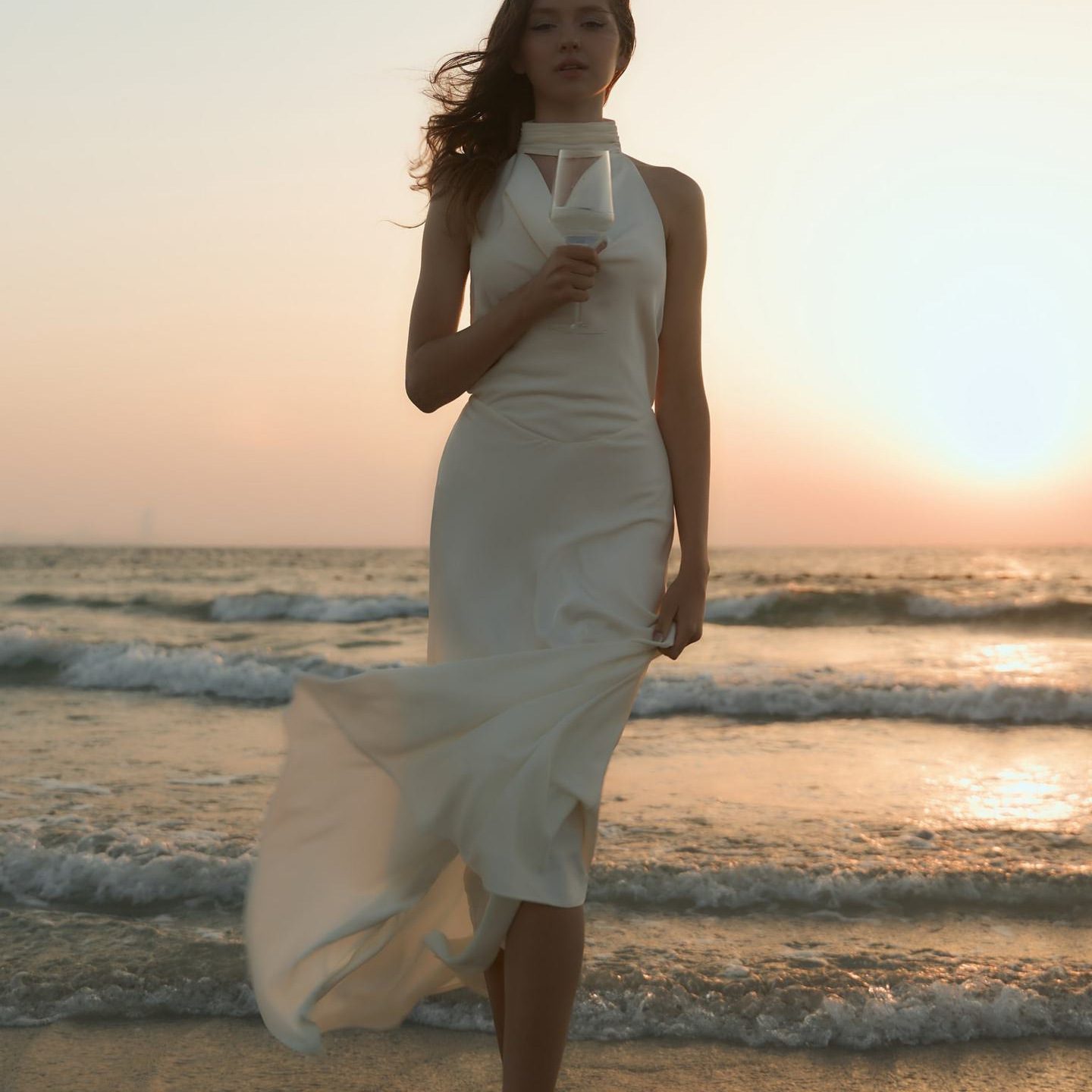 Satin Sexy V-neck Pearl Backless Halter Dress