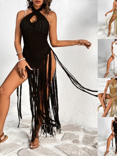 Bikini Suit Cross Collar Tassel Dress Swing Hollow Beach Cover-up
