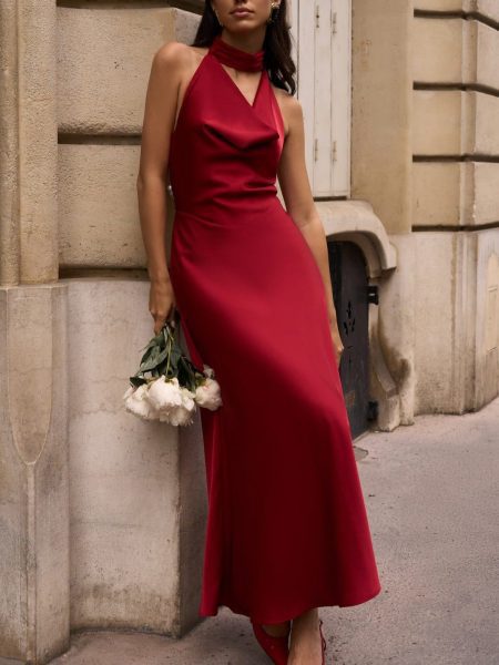 Satin Sexy V-neck Pearl Backless Halter Dress