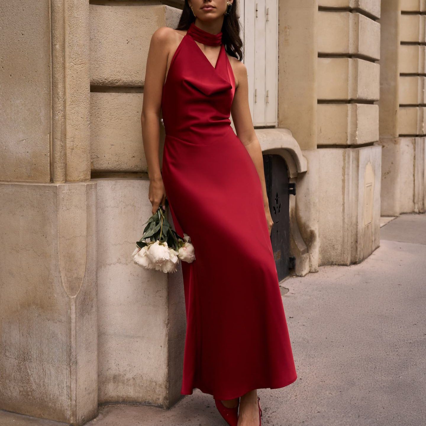 Buy Women's Clothing Online | Buy Trending Dresses for Women Satin Sexy V-neck Pearl Backless Halter Dress