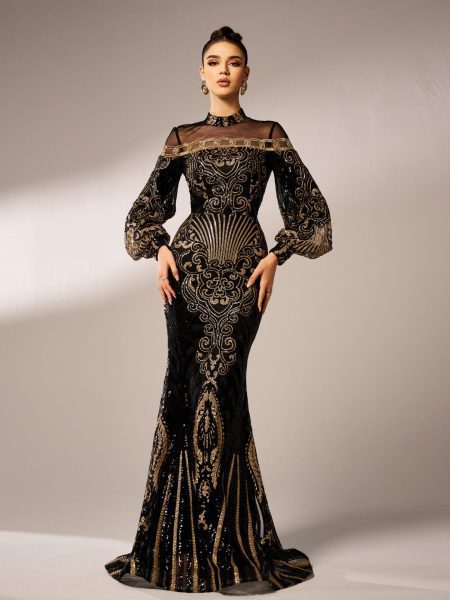 Long Sleeve Round Neck Sequins Mesh Fishtail Evening Dress