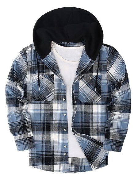 Loose Casual Flannel Long Sleeve Hooded Plaid Shirt