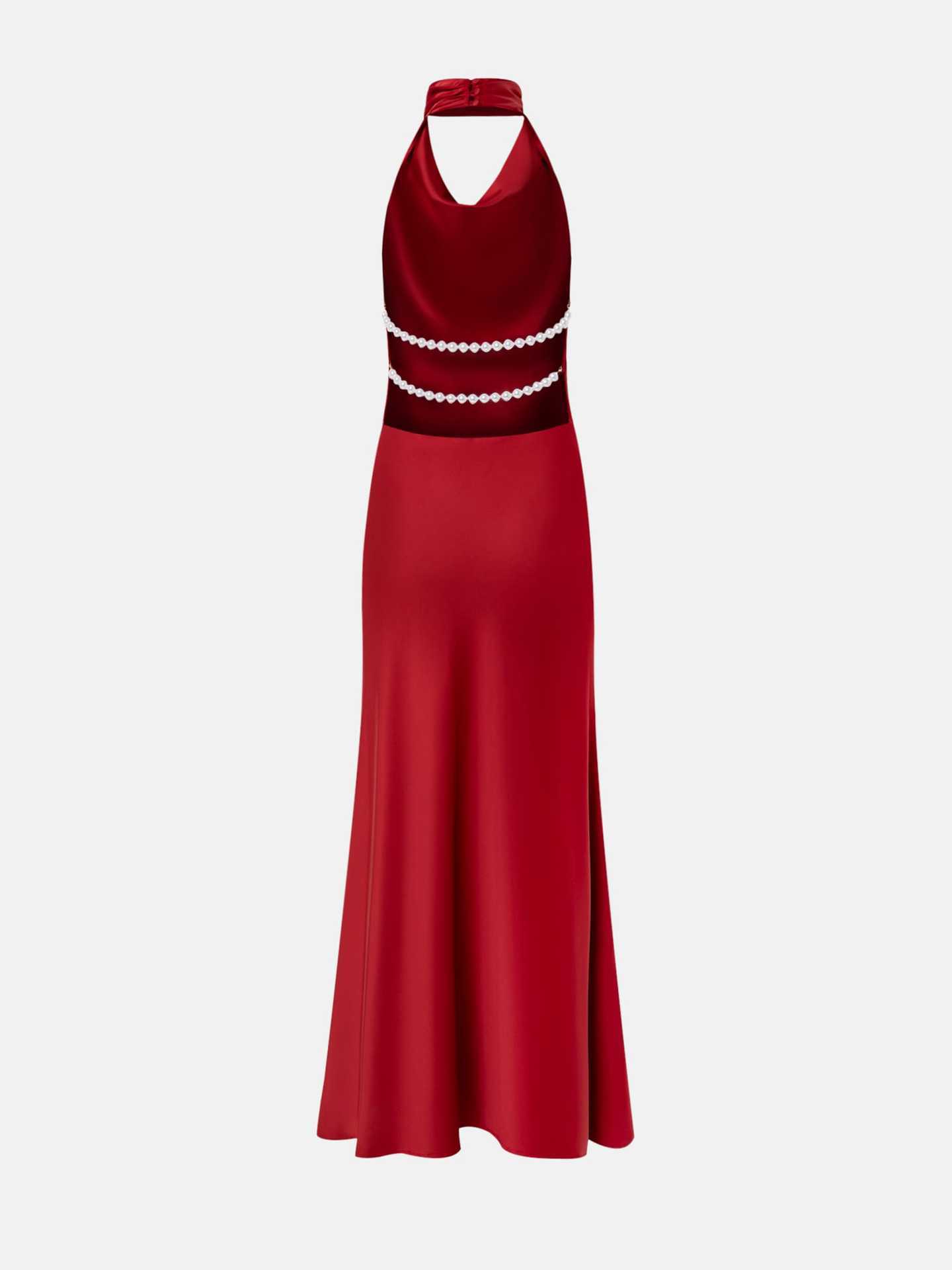 Satin Sexy V-neck Pearl Backless Halter Dress