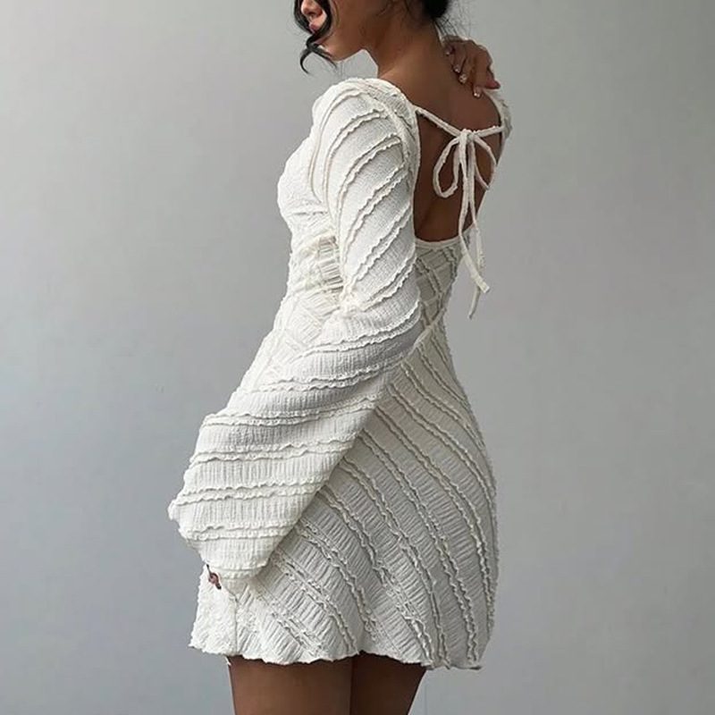White Knitted Fabric Boat Neck A-line Back Tie Dress