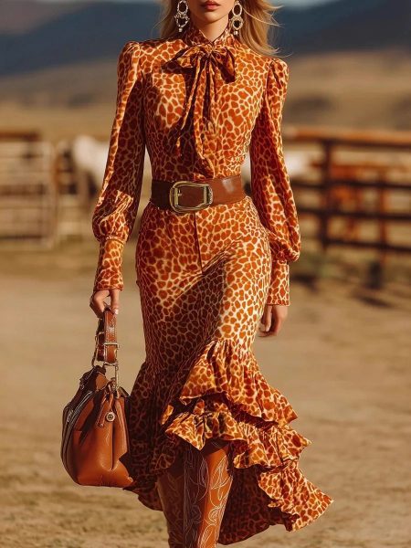 Digital Print Bow Long Skirt for Women