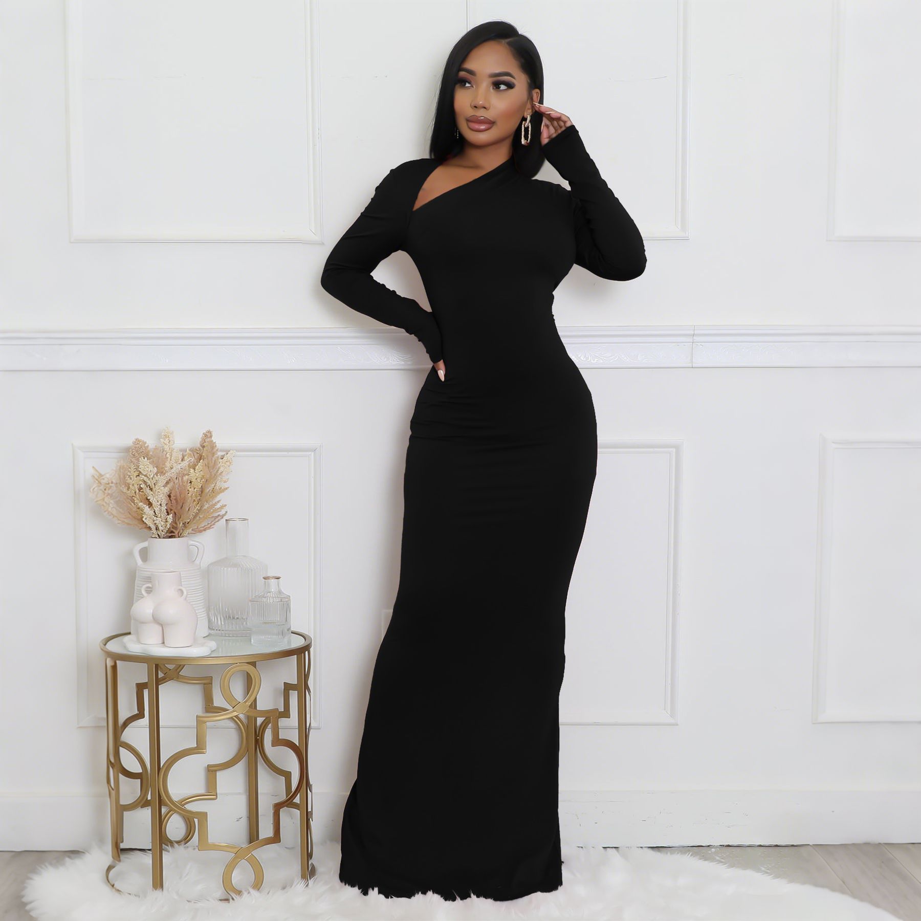 Womens Solid-Color Long-Sleeve Slim-Fit Dress