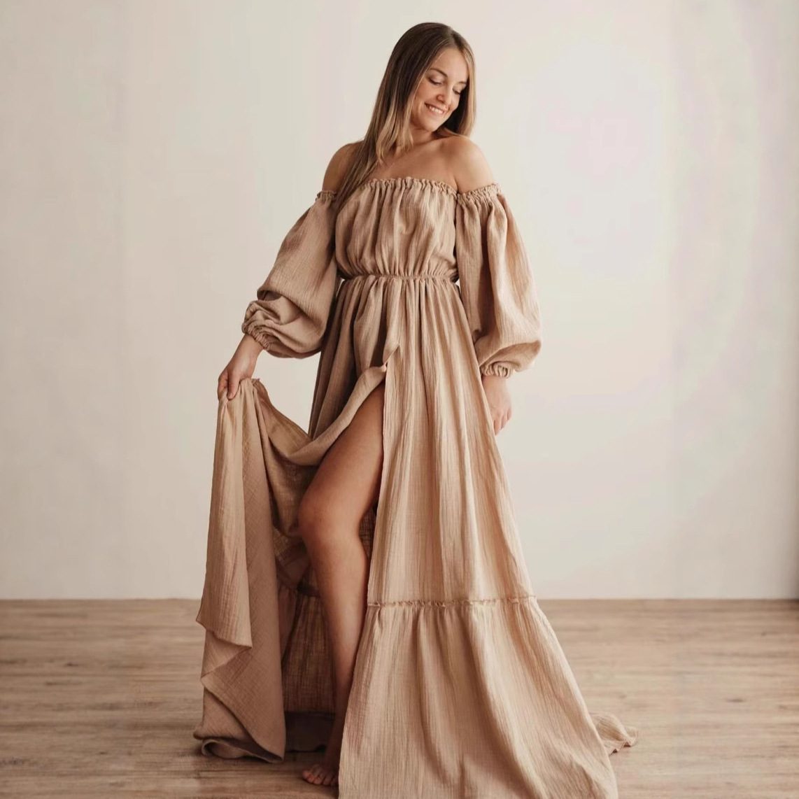 Off-Shoulder Puff Sleeve Maternity Dress for Women