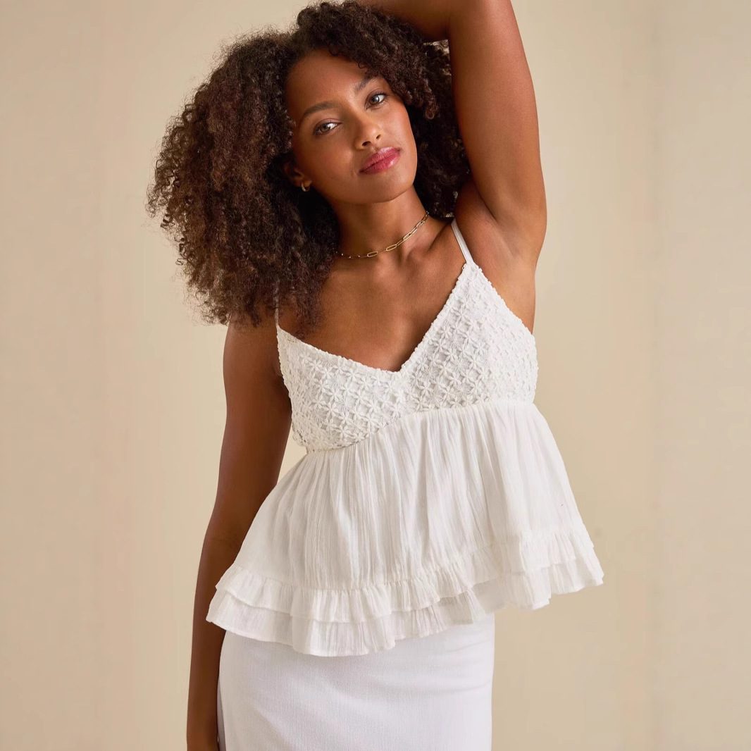 Lace-panelled V-neck Fashionable Loose-fitting Top