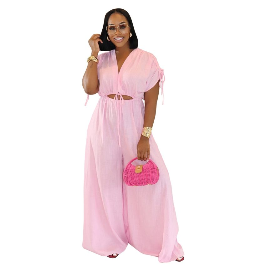 Women's Casual V-neck Lace-up Wide-leg Jumpsuit