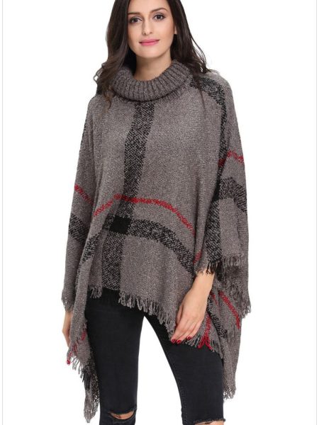 High collar fringed cloak shawl