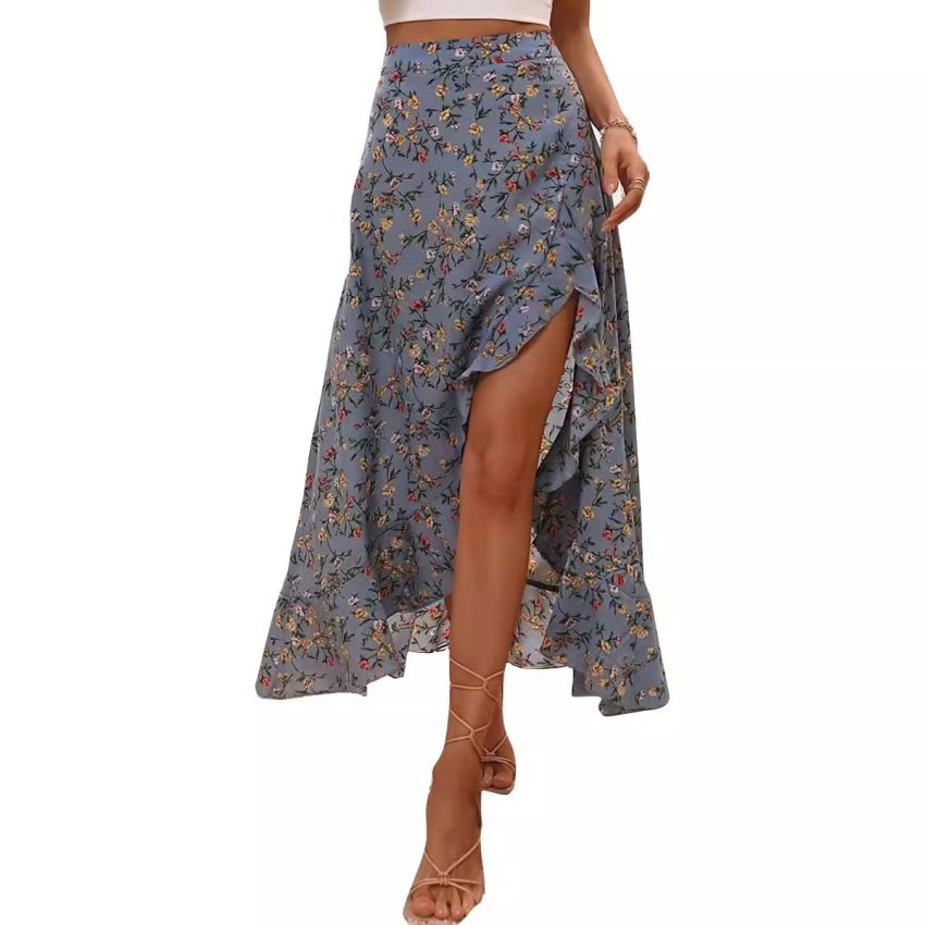 Printed Ruffled Side Slit Skirt