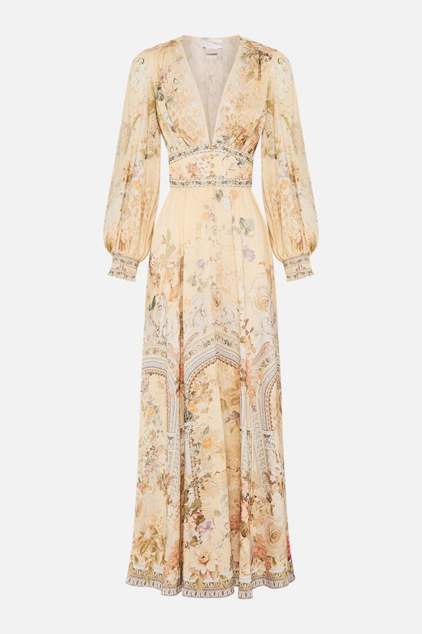 Printed V-neck Long-sleeved Bubble Sleeve Waist Women's Clothing Dress