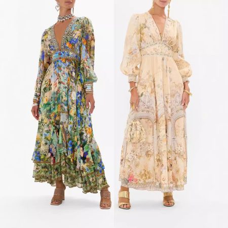 Printed V-neck Long-sleeved Bubble Sleeve Waist Women's Clothing Dress