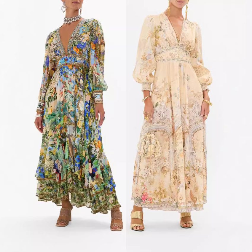 Printed V-neck Long-sleeved Bubble Sleeve Waist Women's Clothing Dress