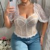 Sexy Hot Girl Lace See-through Puff Sleeve Lace New Fishbone Top