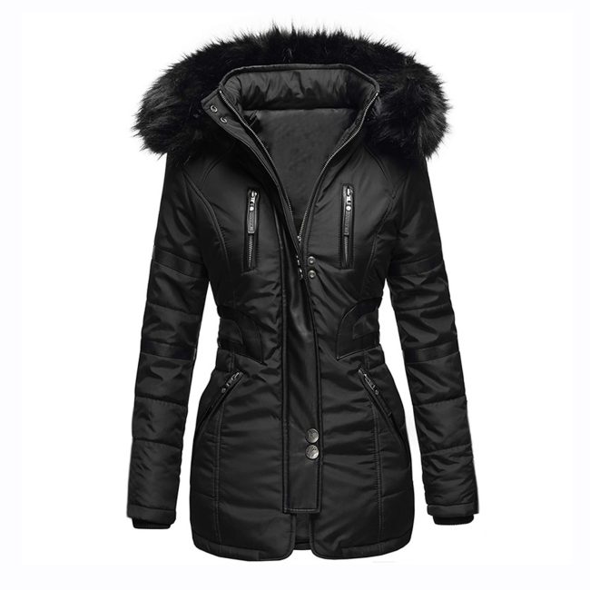 Contrasting color big fur collar cotton coat women