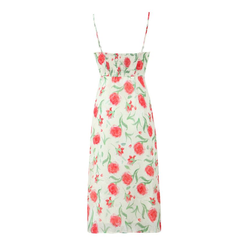 Printed Sling Slim Fit Backless Mid-length Dress