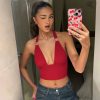 Deep V Metal Decorative Halter Backless Slim Fit Tied Tube Top