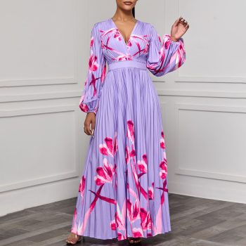 V-neck Slimming Long Sleeves Printed Pleated Dress