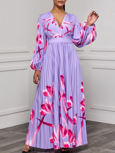 V-neck Slimming Long Sleeves Printed Pleated Dress