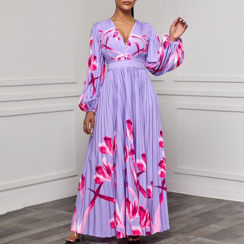 V-neck Slimming Long Sleeves Printed Pleated Dress