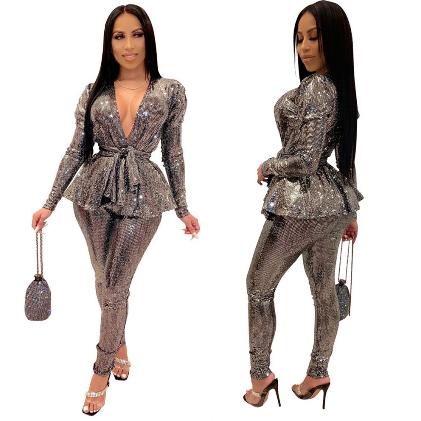 Women's Slim-fit Fashion Bronzing Long-sleeved Two-piece Suit