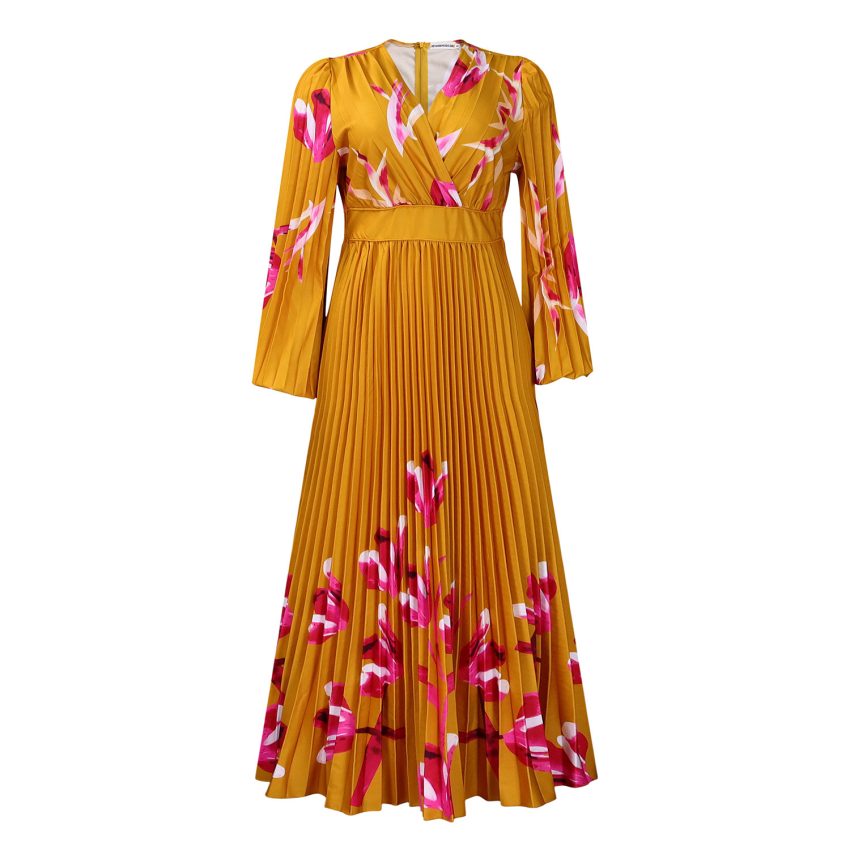 V-neck Slimming Long Sleeves Printed Pleated Dress