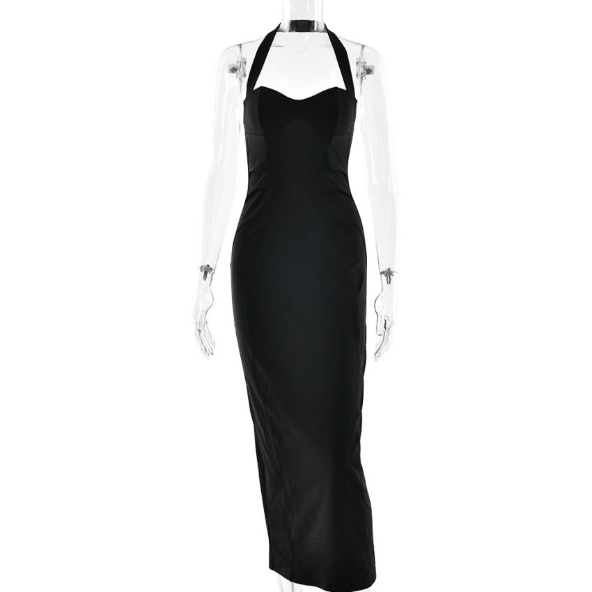 Sexy Halter Tube Top Solid Color Waist Tight Slit Slim-fitting Dress
