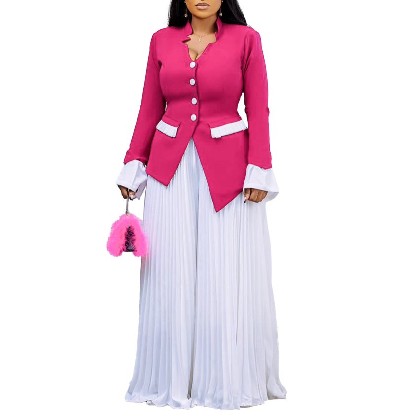 Fashion Flared Sleeves Top Pleated Wide-leg Pants Suit Two-piece Set