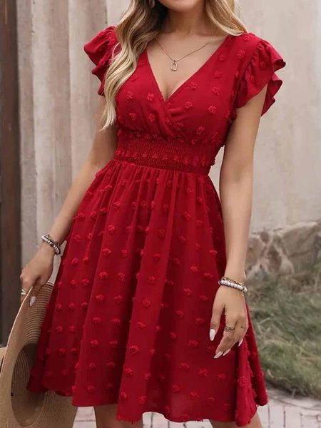 Jacquard Big Fur Ball Elastic Waist Ruffle Sleeve Short Sleeve V-neck Dress