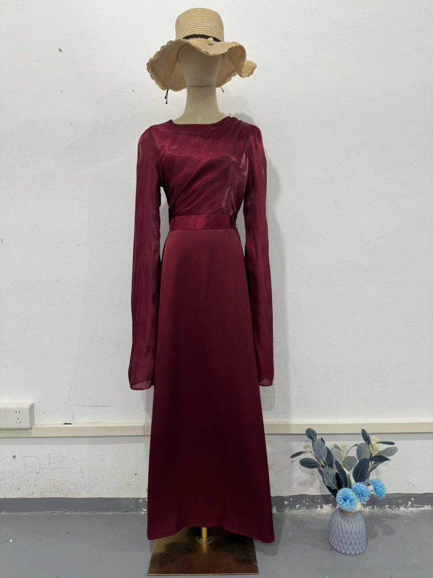 Elegant Summer Sleeve Contrast Chiffon & Satin Maxi Dress With Flared Cuffs - Slim Fit Long Dress For Women
