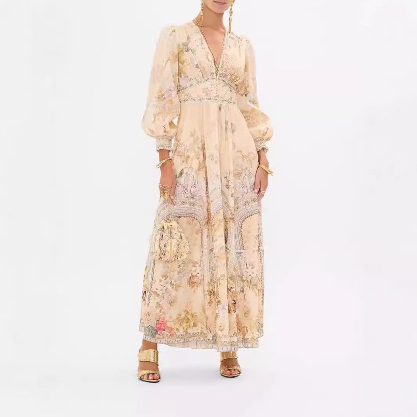 Printed V-neck Long-sleeved Bubble Sleeve Waist Women's Clothing Dress